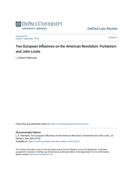 Two European Influences on the American Revolution: Puritanism and John Locke