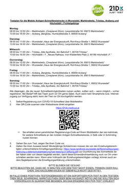 Testplan Für Die Mobile Antigen-Schnellteststrecke in Wunsiedel, Marktredwitz, Tröstau, Arzberg Und Höchstädt I. Fichtelgebirge