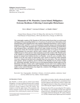 Mammals of Mt. Pinatubo, Luzon Island, Philippines: Extreme Resilience Following Catastrophic Disturbance