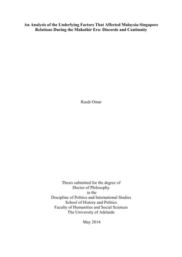 An Analysis of the Underlying Factors That Affected Malaysia-Singapore Relations During the Mahathir Era: Discords and Continuity