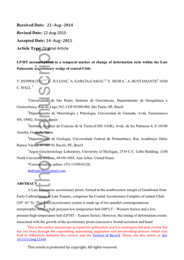 LP&#X002f;HT Metamorphism As a Temporal Marker of Change Of&#Xa0