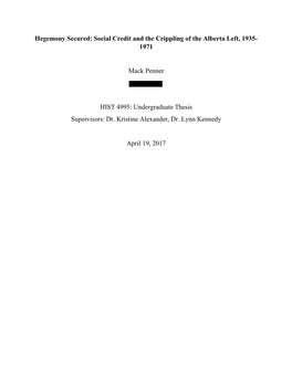 Hegemony Secured: Social Credit and the Crippling of the Alberta Left, 1935- 1971