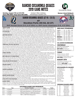 Rancho Cucamonga Quakes 2019 Game Notes