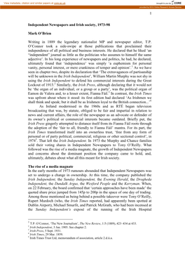 1 Independent Newspapers and Irish Society, 1973-98 Mark O'brien Writing in 1889 the Legendary Nationalist MP and Newspaper Ed