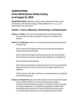 CONSTITUTION of the World Science Fiction Society, As Ofaugust21, 2018