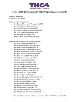 Texas Health Care Association PAC 2018 Primary Endorsements
