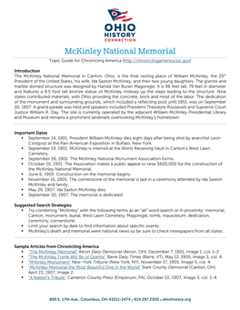 Mckinley National Memorial Topic Guide for Chronicling America (