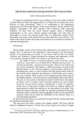 OLD QUESTIONS, NEW CHALLENGES JOHN J. BURKHARD OFM, CONV. to Begin Our Consideration of the Sensus Fidel