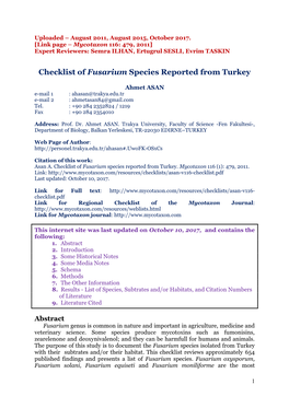 Checklist of Fusarium Species Reported from Turkey