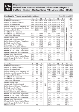9/9A Bedford Town Centre - Mile Road - Shortstown - Haynes - /9B Shefford - Henlow - Henlow Camp (9B) - Arlesey (9A) - Hitchin