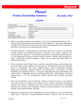 Phenol Product Stewardship Summary December 2012