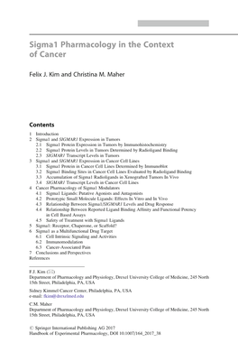 Sigma1 Pharmacology in the Context of Cancer