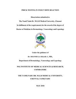 PRICK TESTING in INSECT BITE REACTION Dissertation Submitted