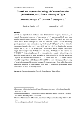 Growth and Reproductive Biology of Capoeta Damascina (Valenciennes, 1842) from a Tributary of Tigris