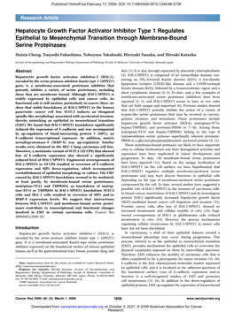 Hepatocyte Growth Factor Activator Inhibitor Type 1 Regulates Epithelial to Mesenchymal Transition Through Membrane-Bound Serine Proteinases