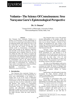 The Science of Consciousness: Sree Narayana Guru's Epistemological