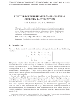 Positive Definite Hankel Matrices Using Cholesky Factorization