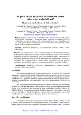 O Que Os Falares De Odeleite E Ericeira Têm a Dizer Sobre O Português Do Brasil?