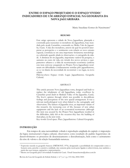 Entre O Espaço Projetado E O Espaço Vivido:1 Indicadores De Um Arranjo Espacial Na Geografia Da Nova Jaguaribara