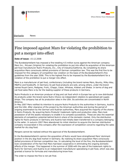 Fine Imposed Against Mars for Violating the Prohibition to Put a Merger Into Effect