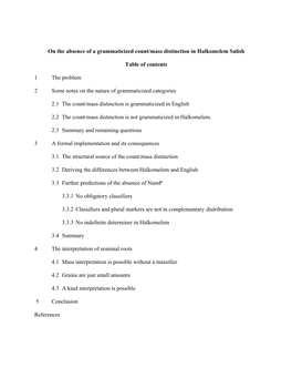 On the Absence of a Grammaticized Count/Mass Distinction in Halkomelem Salish Table of Contents 1 the Problem 2 Some Notes on T