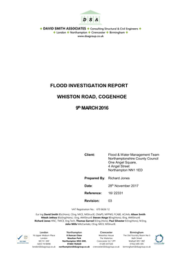 FLOOD INVESTIGATION REPORT WHISTON ROAD, COGENHOE 9Th