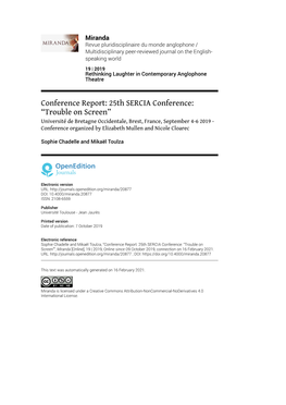 25Th SERCIA Conference: “Trouble on Screen”