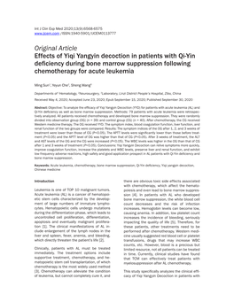 Original Article Effects of Yiqi Yangyin Decoction in Patients with Qi-Yin Deficiency During Bone Marrow Suppression Following Chemotherapy for Acute Leukemia