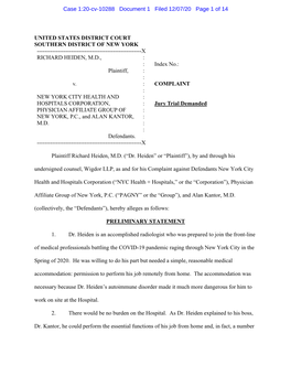 COMPLAINT : NEW YORK CITY HEALTH and : HOSPITALS CORPORATION, : Jury Trial Demanded PHYSICIAN AFFILIATE GROUP of : NEW YORK, P.C., and ALAN KANTOR, : M.D