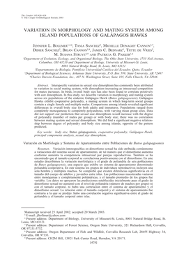 Variation in Morphology and Mating System Among Island Populations of Gala´ Pagos Hawks