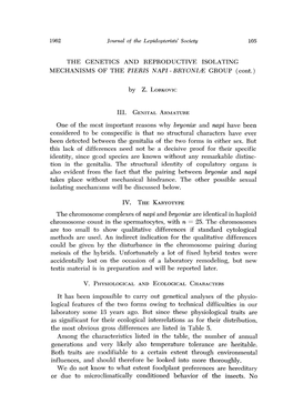 THE GENETICS and REPRODUCTIVE ISOLATING MECHANISMS of the PIERIS NAPI - BRYONI/E GROUP (Cont.)