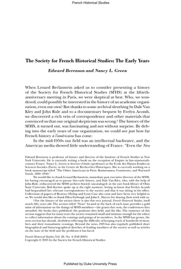 The Society for French Historical Studies: the Early Years