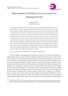 Josef Pieper's Vita Contemplativa As Pedagogical Ground