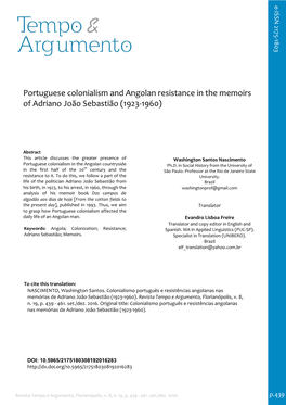 Portuguese Colonialism and Angolan Resistance in the Memoirs of Adriano João Sebastião (1923‐1960)