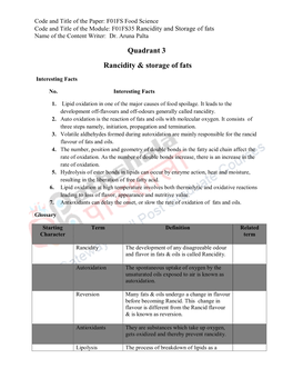 Quadrant 3 Rancidity & Storage of Fats