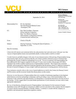 September 26, 2016 Memorandum For: Dr. Eric Ketcham San Juan Regional Medical Center Farmington, NM CC: Rep. Bob Goodlatte