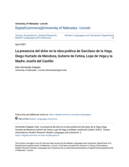 La Presencia Del Dolor En La Obra Poã©Tica De Garcilaso De La Vega, Diego Hurtado De Mendoza, Gutierre De Cetina, Lope De Vega