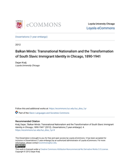 Balkan Minds: Transnational Nationalism and the Transformation of South Slavic Immigrant Identity in Chicago, 1890-1941