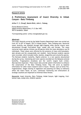 A Preliminary Assessment of Insect Diversity in Imbak Canyon – Batu Timbang