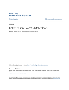 Rollins Alumni Record, October 1968 Rollins College Office Ofa M Rketing and Communications