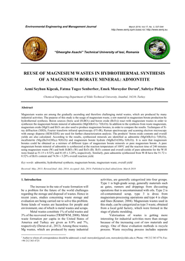 Reuse of Magnesium Wastes in Hydrothermal Synthesis of a Magnesium Borate Mineral: Admontite