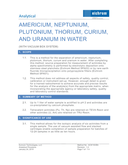 Americium, Neptunium, Plutonium, Thorium, Curium, and Uranium in Water
