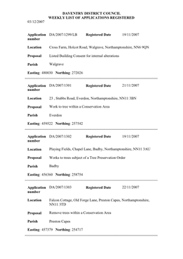 Daventry District Council Weekly List of Applications Registered 03/12/2007