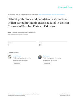 Habitat Preference and Population Estimates of Indian Pangolin (Manis Crassicaudata) in District Chakwal of Potohar Plateau, Pakistan
