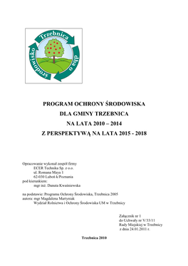 Program Ochrony Środowiska Dla Gminy Trzebnica Na Lata 2010 – 2014 Z Perspektywą Na Lata 2015 - 2018
