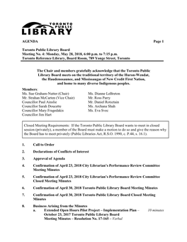 AGENDA Page 1 Toronto Public Library Board Meeting No. 4