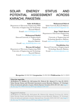 Solar Energy Status and Potential Assessment Across Karachi, Pakistan