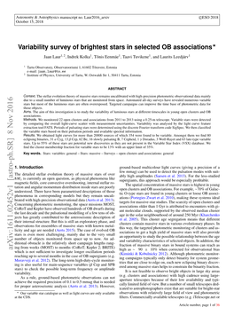 Variability Survey of Brightest Stars in Selected OB Associations? Jaan Laur1, 2, Indrek Kolka1, Tõnis Eenmäe1, Taavi Tuvikene1, and Laurits Leedjärv1