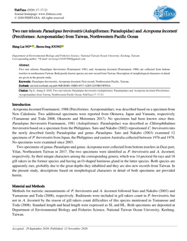 Two Rare Teleosts Paraulopus Brevirostris (Aulopiformes: Paraulopidae) and Acropoma Lecorneti (Perciformes: Acropomatidae) from Taiwan, Northwestern Pacific Ocean