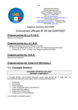 Comunicato Ufficiale N° 05 Del 22/07/2021